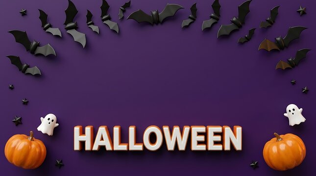 A festive halloween background featuring a central text sign surrounded by flying bats pumpkins and cute ghost figures on a dark purple surface