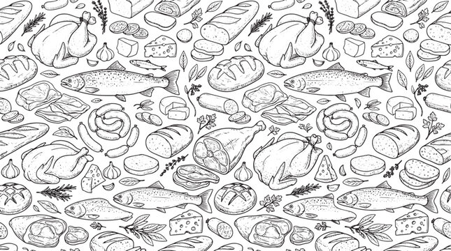 Hand drawn food pattern featuring chicken fish bread and cheese in a detailed black and white illustration