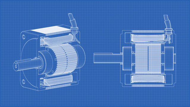AC Servo Motor - cross section Stepper Motor. Orthographic view - side views, front and top. 3D rendering isolated on blue background. Ideal for professionals, educational, engineering design