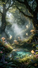 Naklejka premium Magical fairies dance around glowing crystal pond in enchanted woodland. Tiny sprites fly through soft mist near colorful mushrooms, vibrant flora. Dreamlike forest landscape with sparkling light,