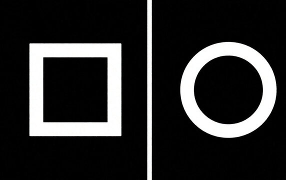 White square and circle shapes on black background. Simple geometric contrast design, abstract concept of duality and difference, modern graphic element.
