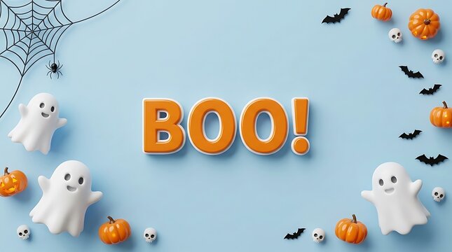 Festive halloween background featuring orange boo text balloons surrounded by cute ghosts pumpkins bats and spider webs on a light blue surface