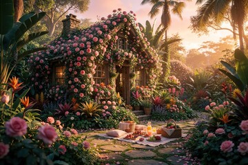 Naklejka premium Cozy cottage covered in pink roses stands in rich botanical garden. Picnic setup with fruit, drinks on blanket near stone path. Tropical plants, palm trees surround romantic summer home during golden