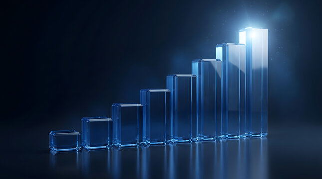 Business growth chart with glass bars and glowing light background