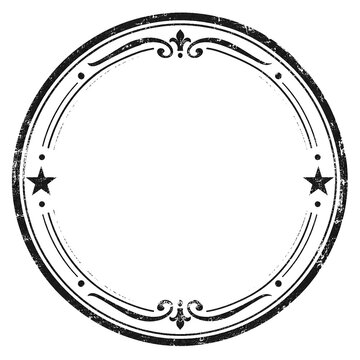An empty, distressed circular emblem with star accents and ornate decorative flourishes, resembling a vintage stamp or seal, ready for personalization.
