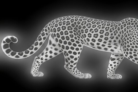 A majestic leopard, its spotted coat a mosaic of black rosettes on a pale background, stands with elegant poise. Its powerful hindquarters and gracefully curved tail are highlighted by a soft.
