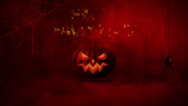 Halloween: Dark Red Background with Jack-o'-Lantern, Spiders, and Webs Motion Graphics
