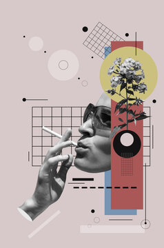 Collage art with a woman smoking cigarette