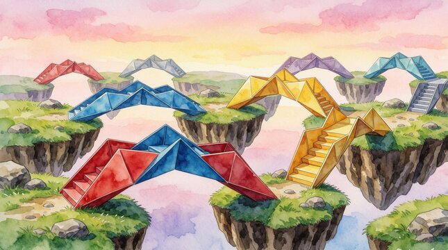 Colorful structures link floating landmasses above water. Pastel bridges connect diverse green islands in a surreal scene. Artistic depiction of imagined natural world.
