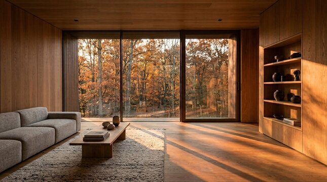 Expansive minimalist wooden lounge in a luxury eco resort featuring panoramic windows and autumn forest views illustrating sustainable hospitality real estate