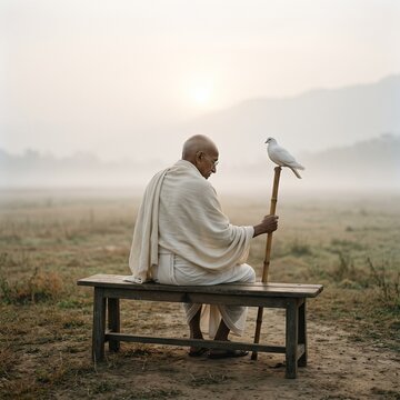 Mahatma Gandhi sitting peacefully on a simple wooden bench, one white dove resting on his walking stick