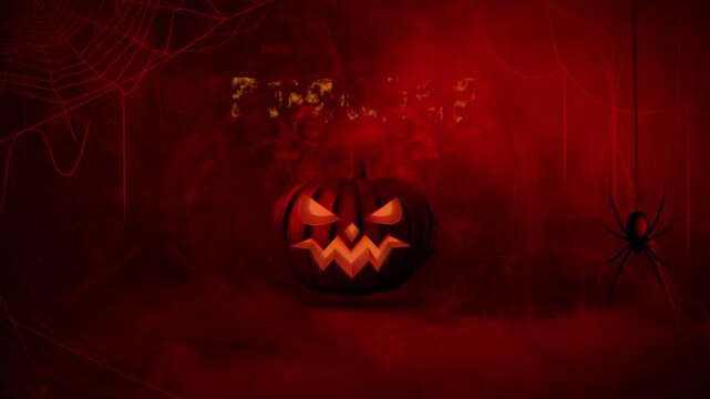 Halloween: Dark Red Background with Jack-o'-Lantern, Spiders, and Webs Motion Graphics