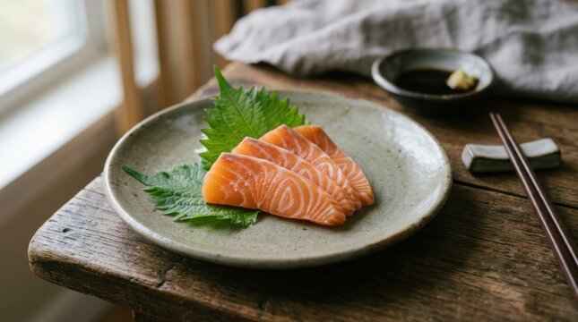 Fresh salmon sashimi served on ceramic plate with shiso leaf in warm natural restaurant light
