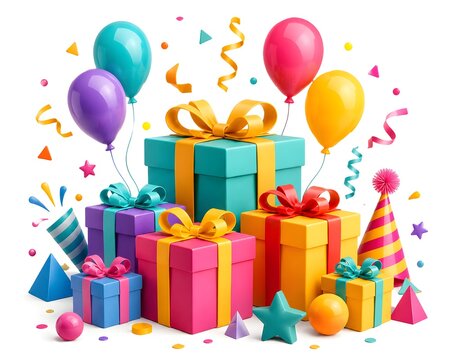 A vibrant collection of gift boxes, balloons, and confetti creates a festive atmosphere, perfect for any celebration or birthday.