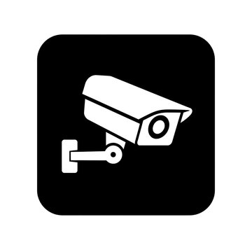 A white security camera icon is depicted on a black square background, symbolizing surveillance and monitoring.