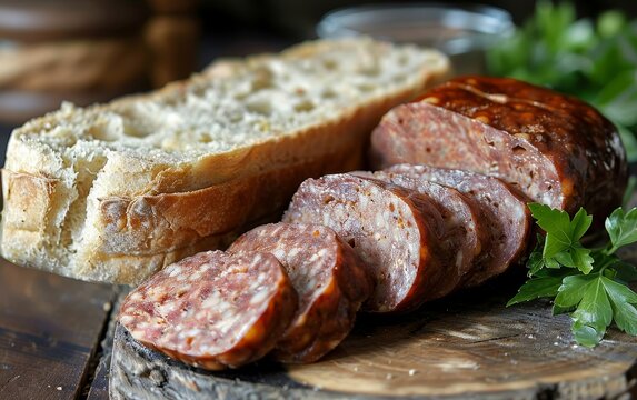 Sliced traditional sausage and rustic bread served on a wooden cutting board with ketchup, depicting a hearty meal.