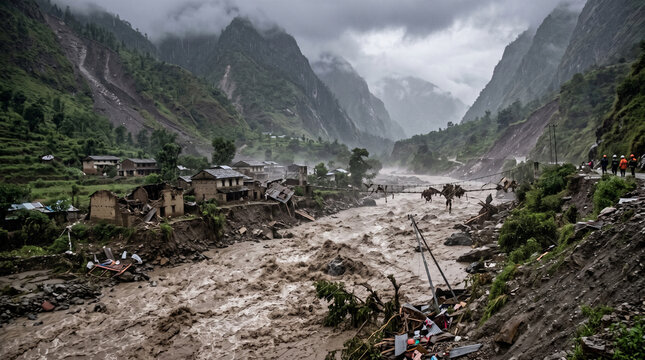 Devastating flash flood and landslide in a remote mountain village, destroyed houses and infrastructure along a turbulent river in the himalayas after heavy rain