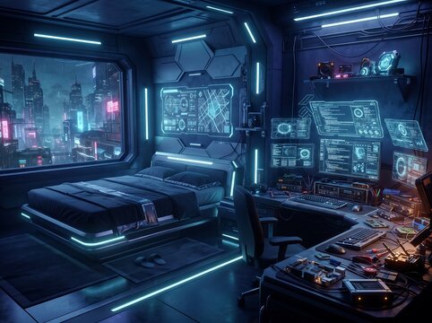 Cyberpunk science fiction bedroom interior with glowing digital screens and city view sci fi neon glow pc gaming