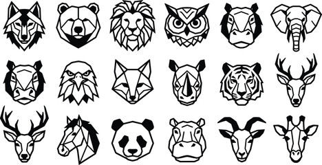 Fototapeta premium Geometric wild animal head icons set featuring minimal line art wolf bear lion owl fox elephant vector graphics