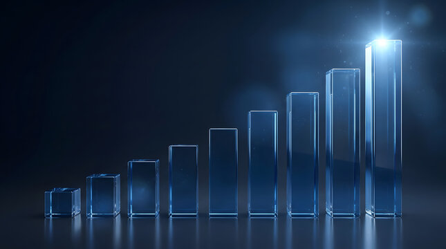 Market statistics graph with glass bar columns and shining light. Generative AI 