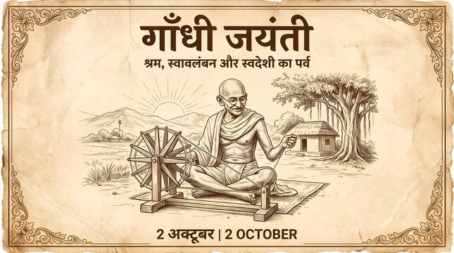 Vintage sketch of Mahatma Gandhi spinning on a charkha.