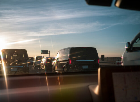 Traffic Jam Viewed Through Car Windshield