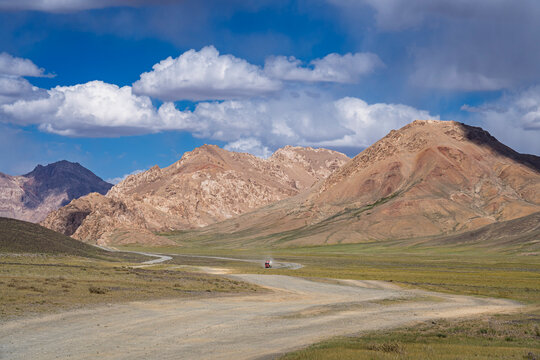 Colorful high-altitude mountain landscape view along famous Pamir Highway, Murghab, Gorno-Badakhshan, Tajikistan