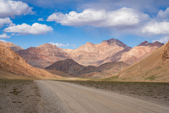 Scenic high-altitude mountain landscape view along famous Pamir Highway, Murghab, Gorno-Badakhshan, Tajikistan