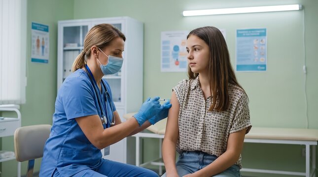 Nurse in blue scrubs and mask administering a vaccine injection to a young woman's arm in a medical clinic.