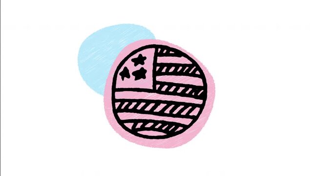 An animated hand-drawn circular pin button badge featuring the American flag design. Perfect for showing USA pride, supporting political campaigns, 4th of July accessories, and patriotic fashion. 