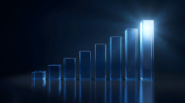 Financial growth chart with ascending glass bars and bright light. Generative AI illustration