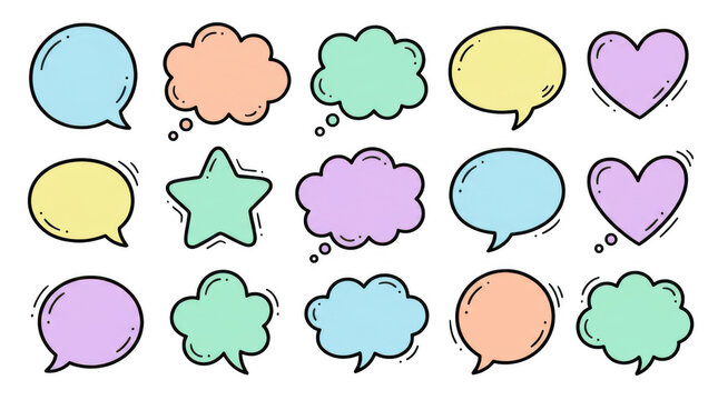 Collection of hand-drawn pastel speech bubbles isolated on transparent background