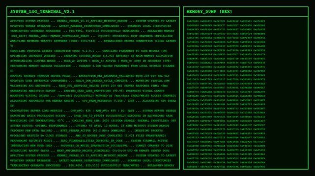 System log terminal memory dump hex code screen animation.