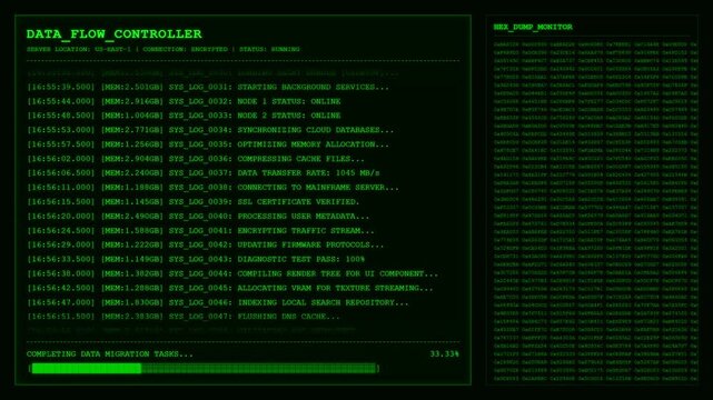 Data flow controller server memory hex dump terminal screen.