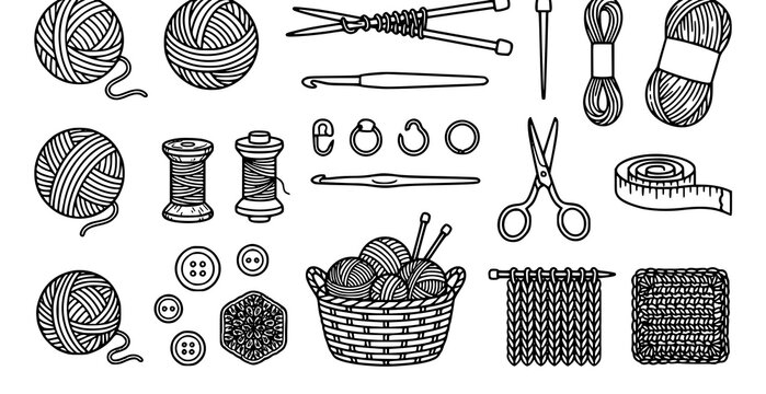 Knitting crochet yarn needles hook needlework linear vector collection