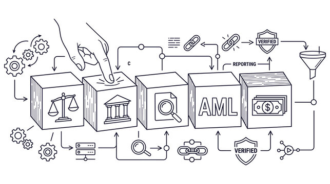 Anti money laundering process infographic with bank and legal icons for compliance report.