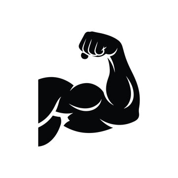 Black flexing arm muscle silhouette icon with a clenched fist for fitness, bodybuilding, gym, and strength themes