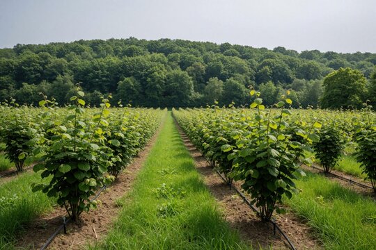 Rows of young hazelnut bushes grow in a green plantation field. Drip irrigation lines water the plants on a sunny day, with a forest backdrop.