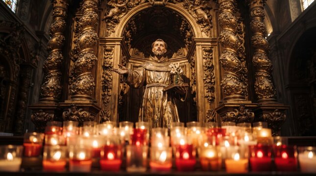Devotion's Glow: A sacred statue stands enshrined amidst a multitude of flickering votive candles, casting a warm, ethereal light within a grand cathedral, a symbol of faith and reverence.