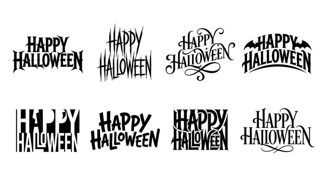 Set of eight different happy halloween text designs with spooky and creative typography styles for holiday decorations