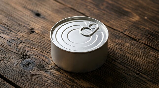 Silver metal food can with easy open pull tab on rustic wooden table background.