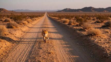 Fototapeta premium Red fox walks toward camera on dirt road in desert landscape. Wild animal runs along long dry path through sandy terrain. Arid wilderness scenery with mountains in background under warm golden light.