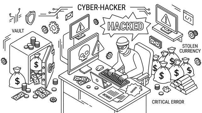 Cyber hacker activity illustration with isometric vault and stolen money for data breach.