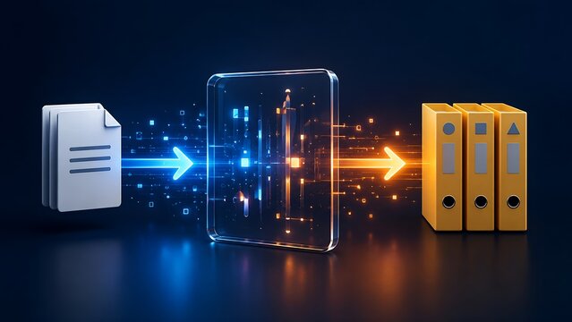 Digital Document Transformation And Data Migration Into Organized Yellow Folders Secure Information Archiving And Cyber Security Management Concept