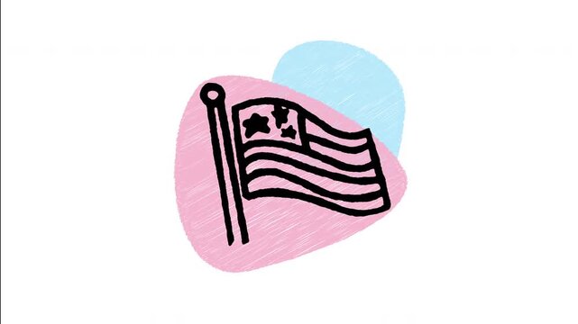 An animated hand-drawn United States of America flag with all 50 stars and 13 stripes seen in context of a traditional banner. Perfect for showing USA national pride, patriotic events, and July 4th. 