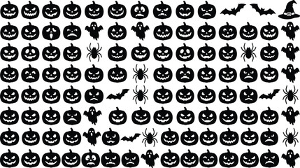Fototapeta premium Massive set of Halloween black silhouette icons featuring diverse jack o lantern expressions, ghosts, and bats