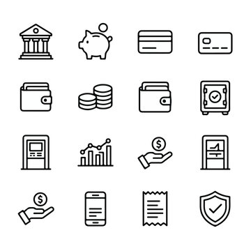 Vector set of finance and banking outline icons on a white background.
