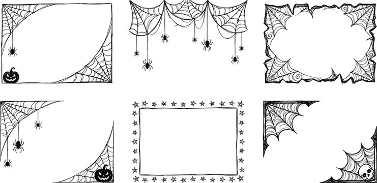 Set of Halloween hand drawn spider web frames and borders vector illustration