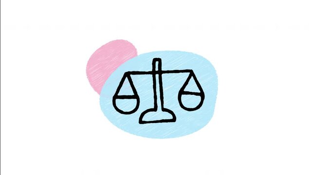 An animated hand-drawn classic balance weight scale for legal justice, law, fairness, and equality. Perfect for court presentations, legal firm branding, and justice concepts.