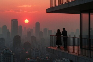 Naklejka premium Man, woman stand on high balcony watching orange sunset over urban city skyline. Romantic couple silhouettes enjoy evening view from apartment terrace. Peaceful twilight moment with hazy cityscape,
